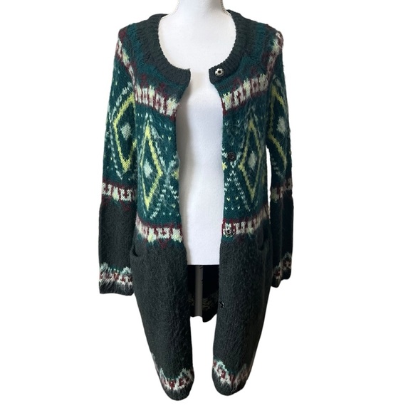 Free People Green Fair Isle Long Mohair Blend Snap Button Cardigan Size Small - Picture 1 of 13
